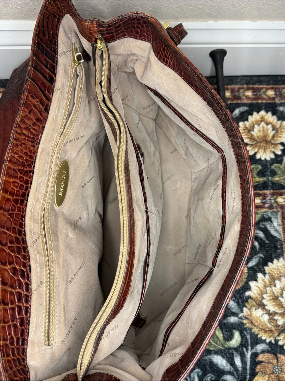 BRAHMIN | Cognac Croc-Embossed Leather Satchel with Gold Hardware